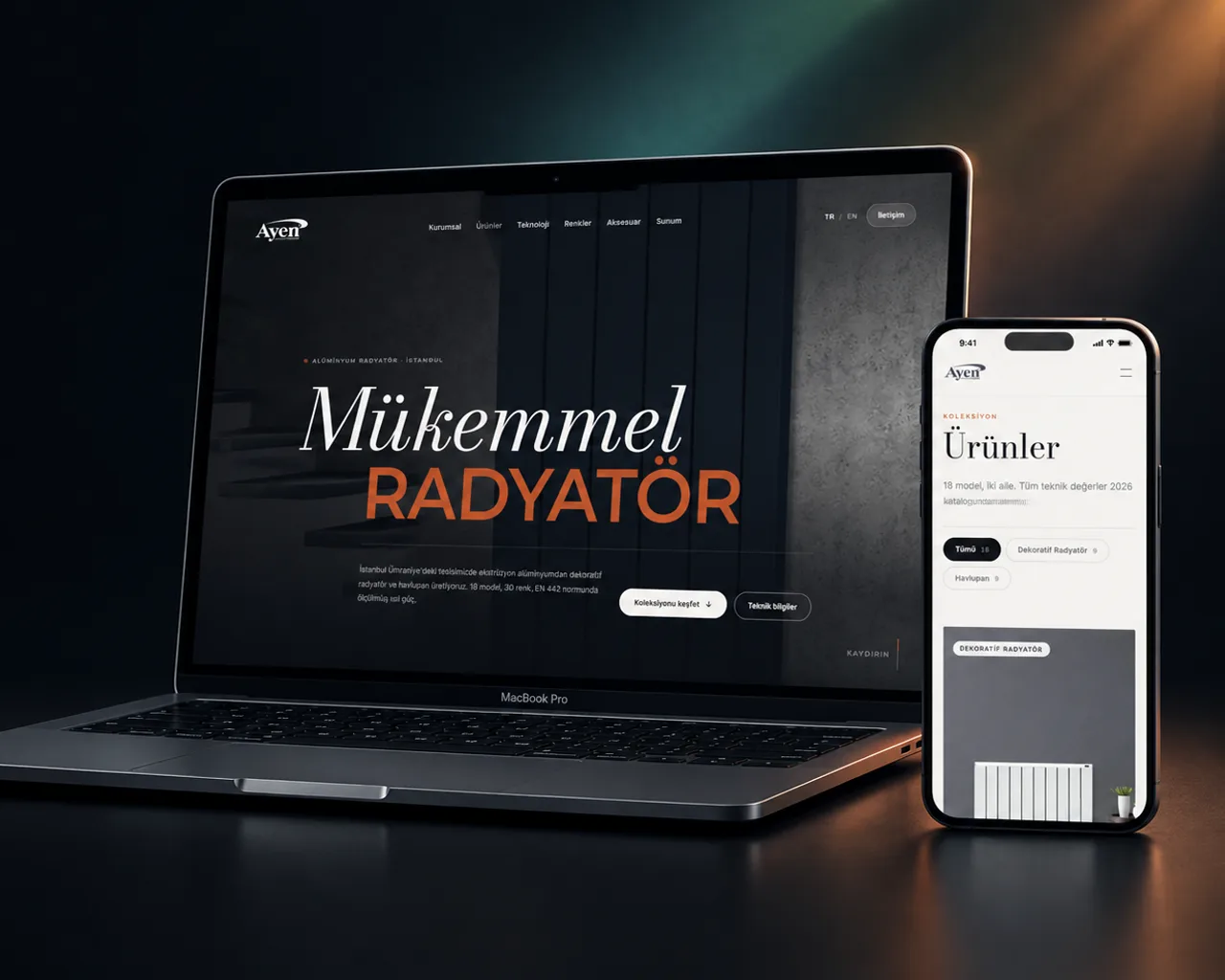 Ayen Alüminyum Radyatör kurumsal web sitesinin dizüstü ve telefon görünümü