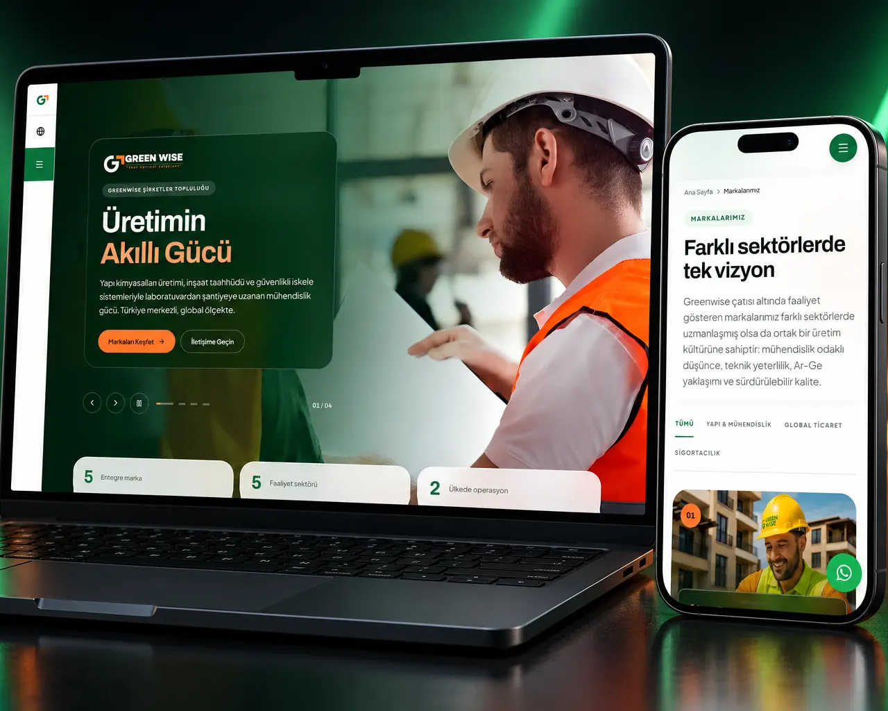 Greenwise Şirketler Topluluğu kurumsal web sitesinin dizüstü ve telefon görünümü