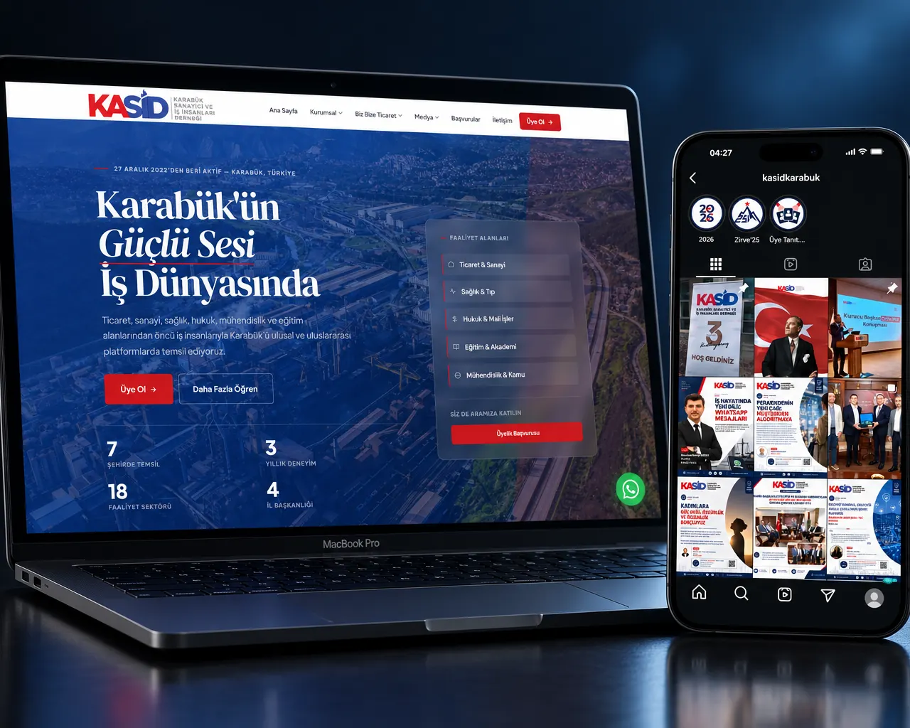 KASİD web sitesi ve Instagram hesabının dizüstü ve telefon görünümü
