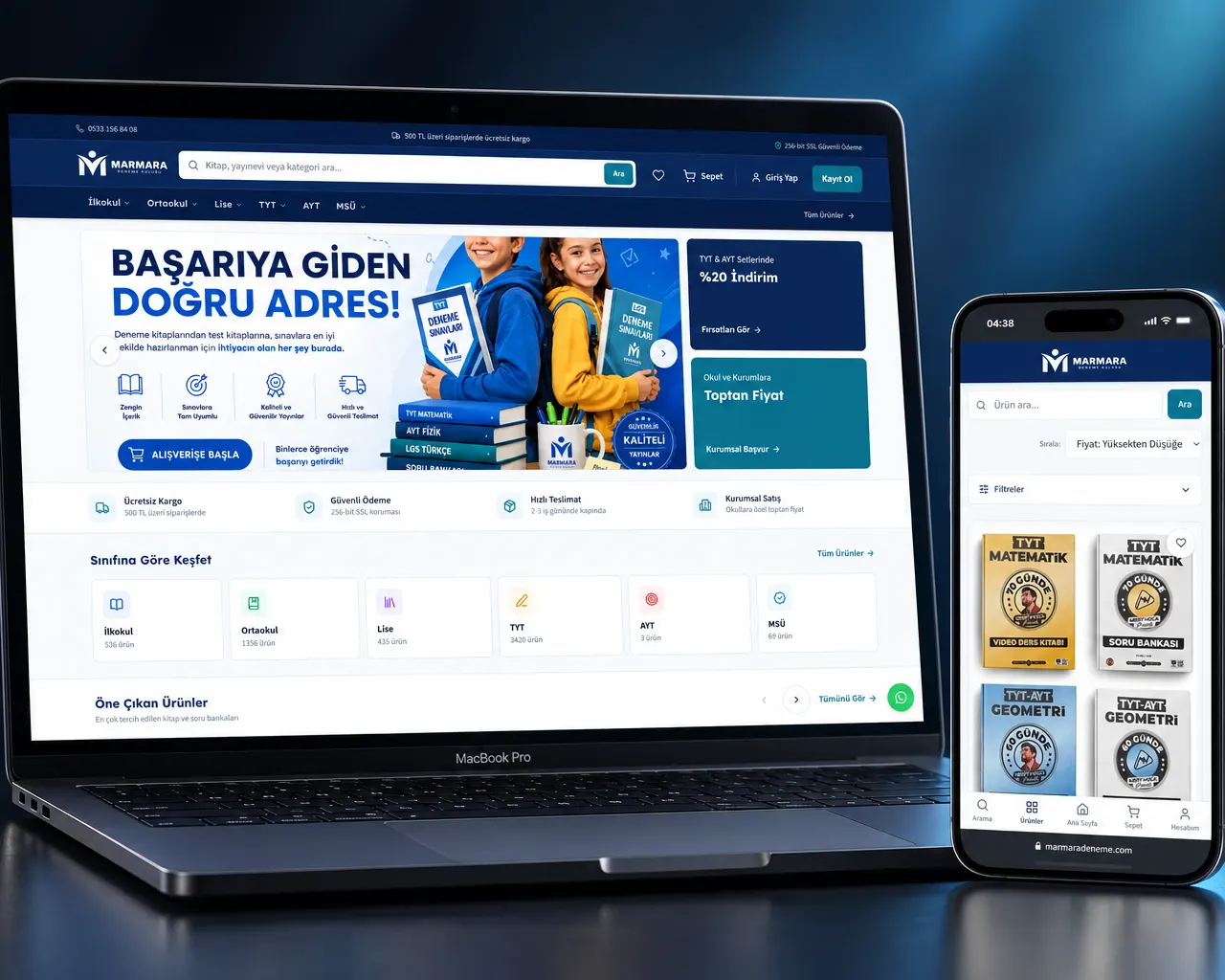 Marmara Deneme Kulübü e-ticaret sitesinin dizüstü ve telefon görünümü