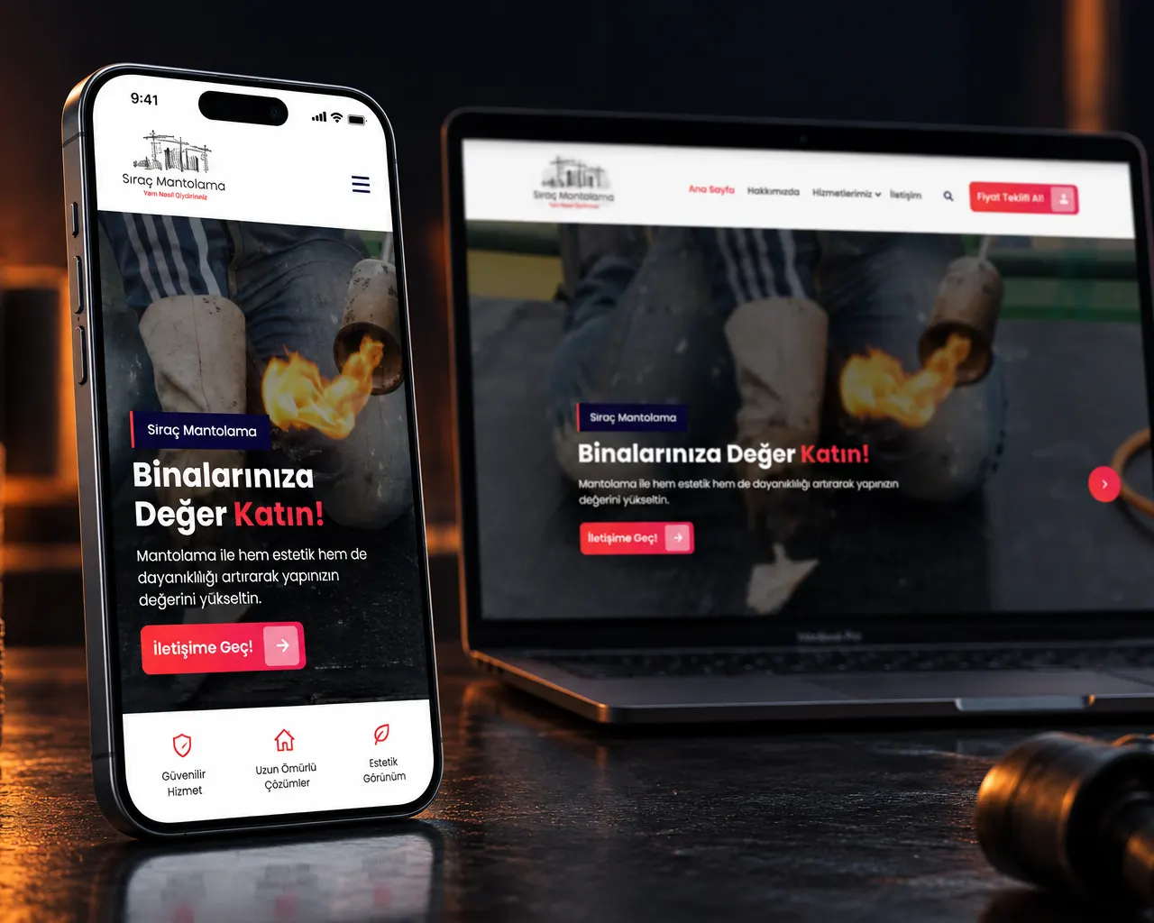 Sıraç Mantolama kurumsal web sitesinin telefon ve dizüstü görünümü